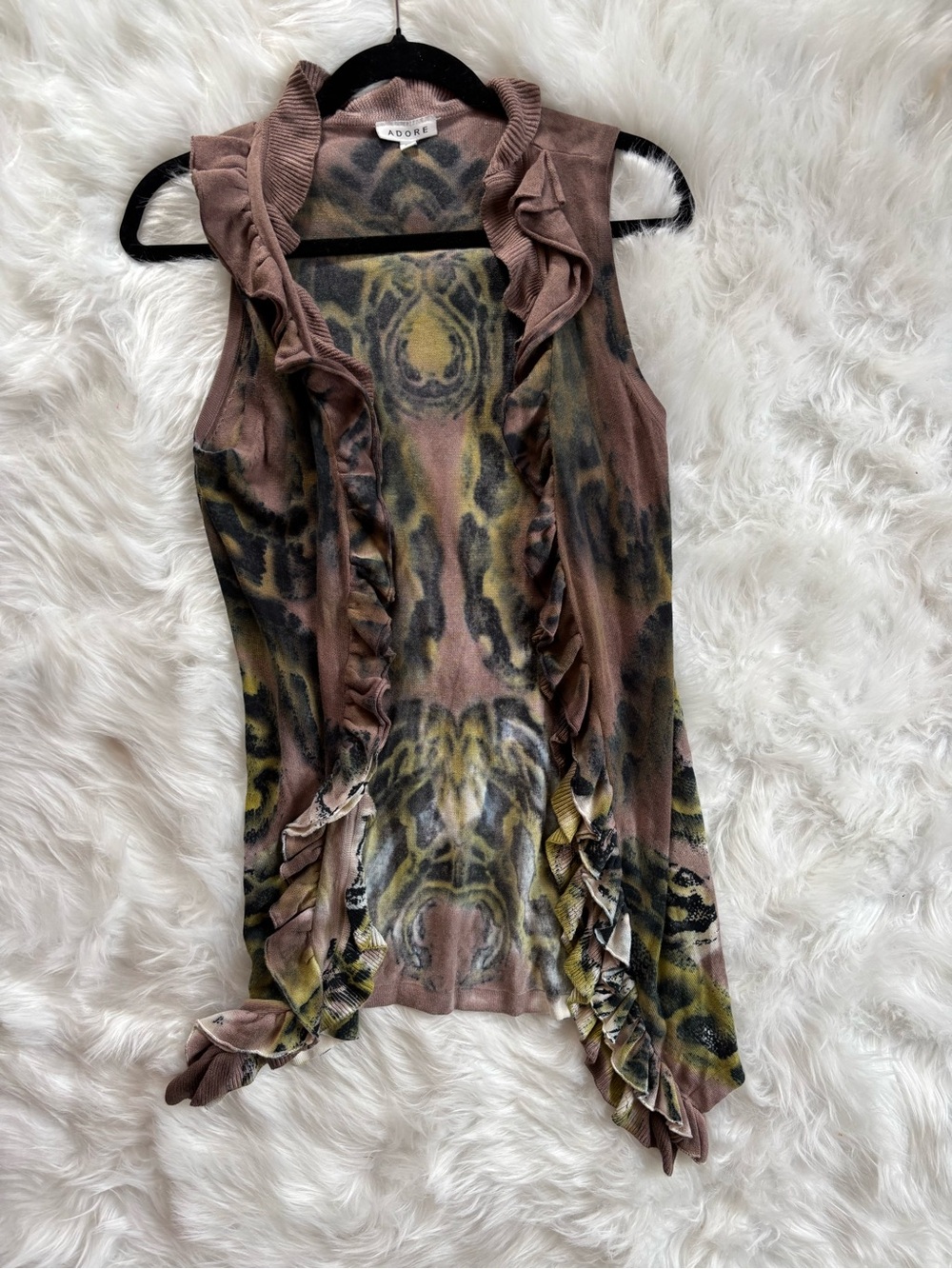 Adore Ruffled Open Front Sleeveless Cardigan - Brown & Olive Print MEDIUM ANTHRO